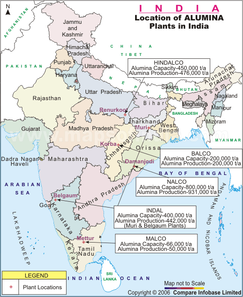 Map showing Alumina Plants in Indi