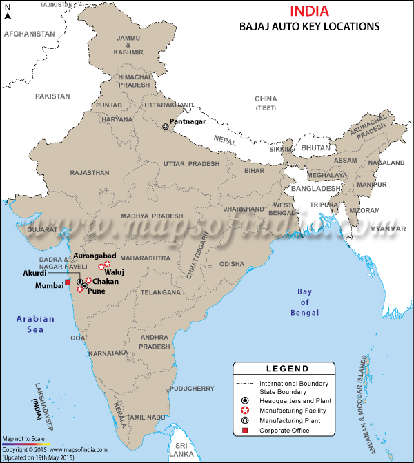 Map showing Bajaj Auto plants in India