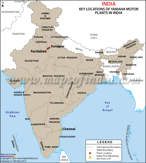 Map showing Yamaha Motors plants in India